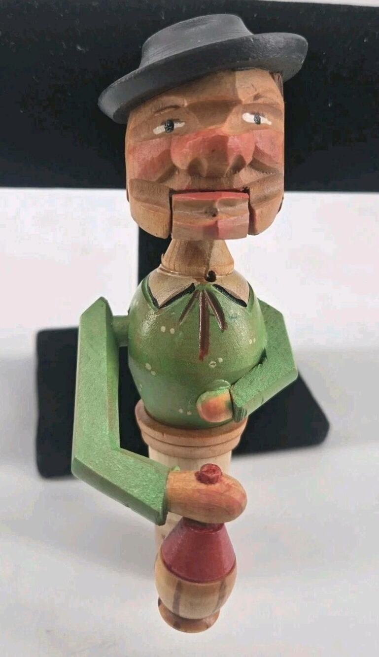 Vtg 50s ANRI Carved Man Drinks From Bottle Mechanical Wine Cork Bottle Stopper